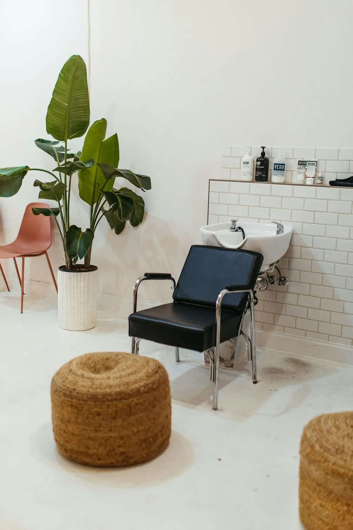 Bitkiler ve lavabo yanında siyah bir kuaför koltuğu